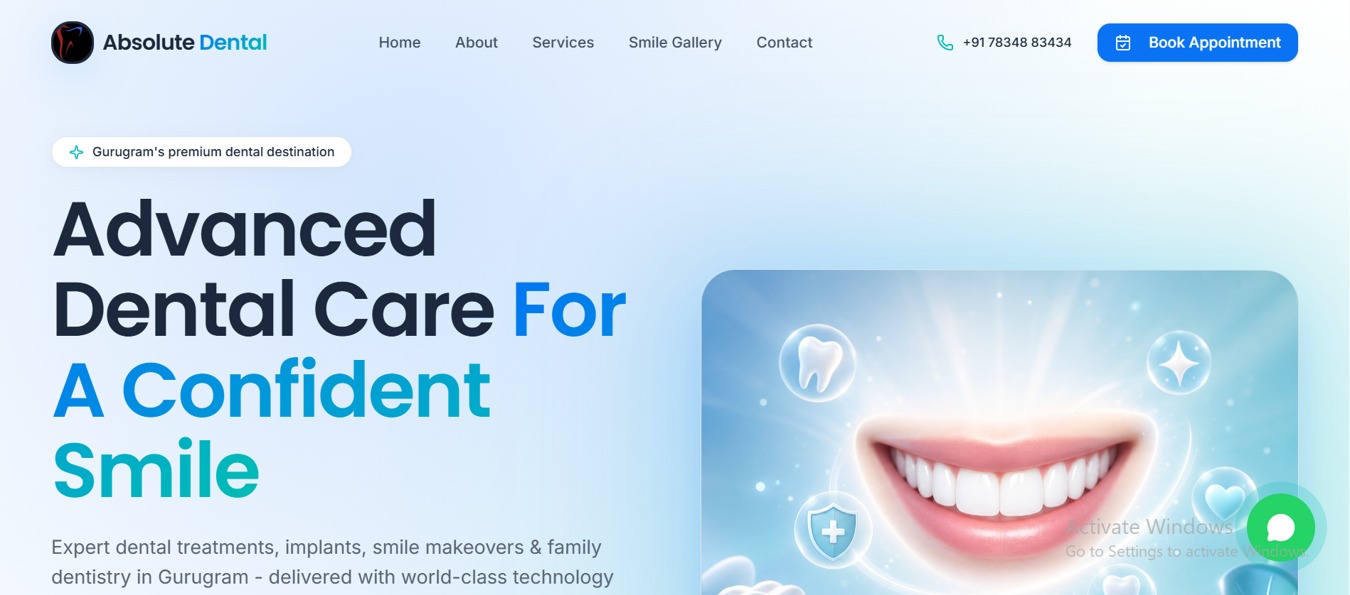 Absolute Dental website featuring dental care and appointment booking