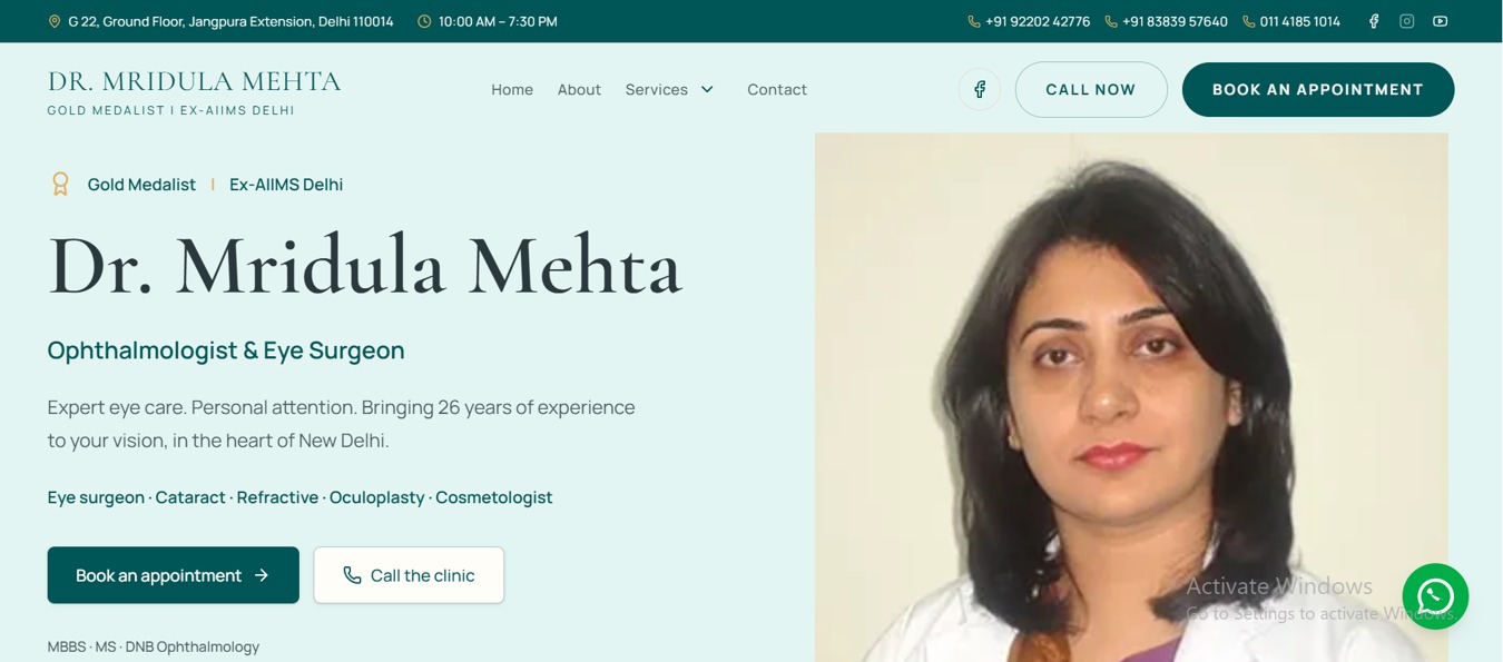 Dr. Mrudula Mehta website with doctor profile and appointment buttons